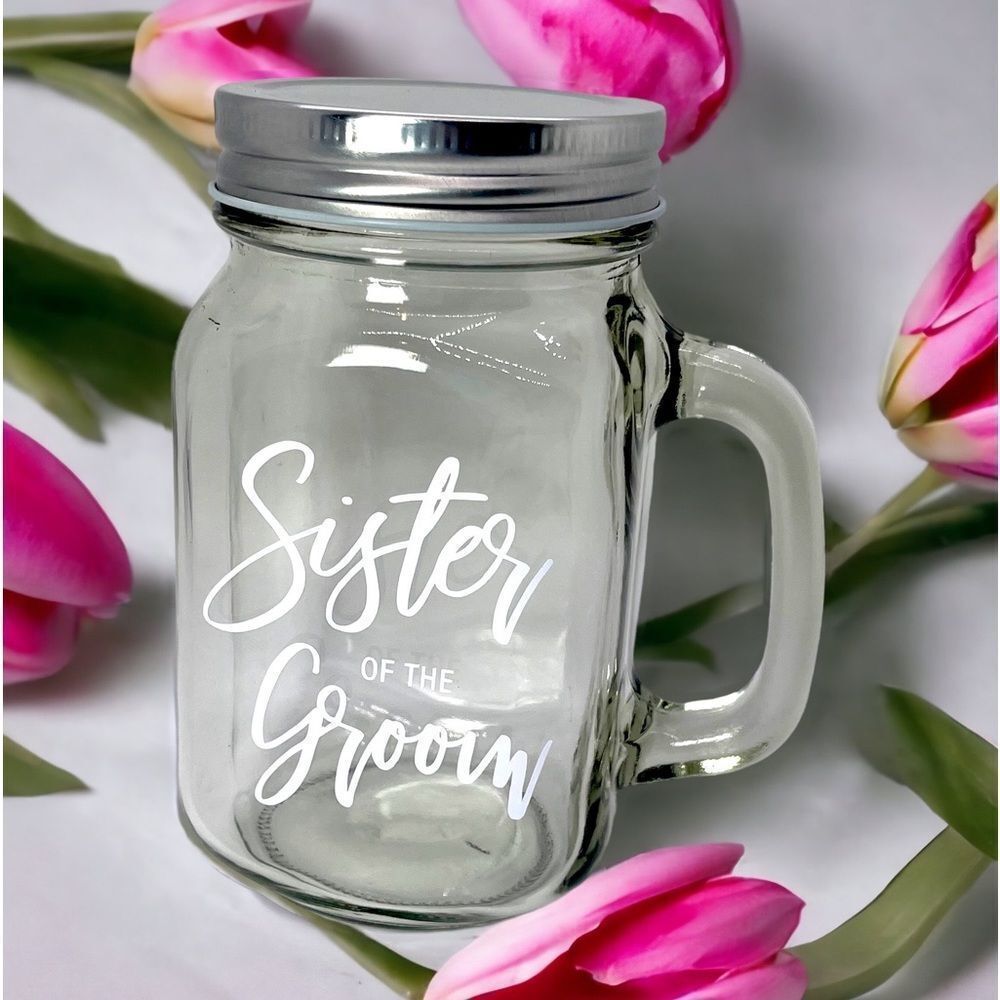 NWT Wool + Pepper Co. SISTER OF THE GROOM Glass Mason Jar Cup with Handle